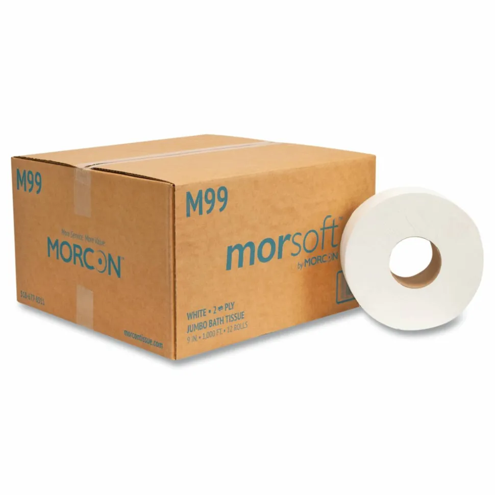 Morcon Tissue Jumbo Bath Tissue, Septic Safe, 2-Ply, 3.3" x 1,000 ft, White, 12 Rolls/Carton