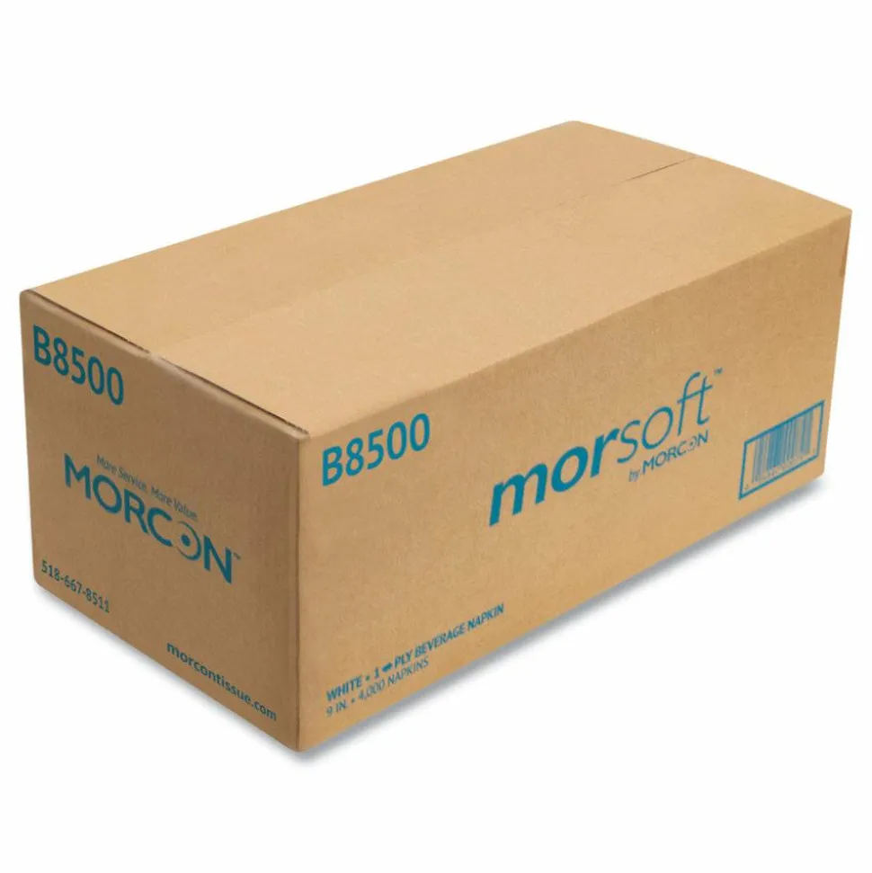 Morcon Tissue Morsoft Beverage Napkins, 1-Ply, 9 x 9, White, 500/Pack, 8 Packs/Carton