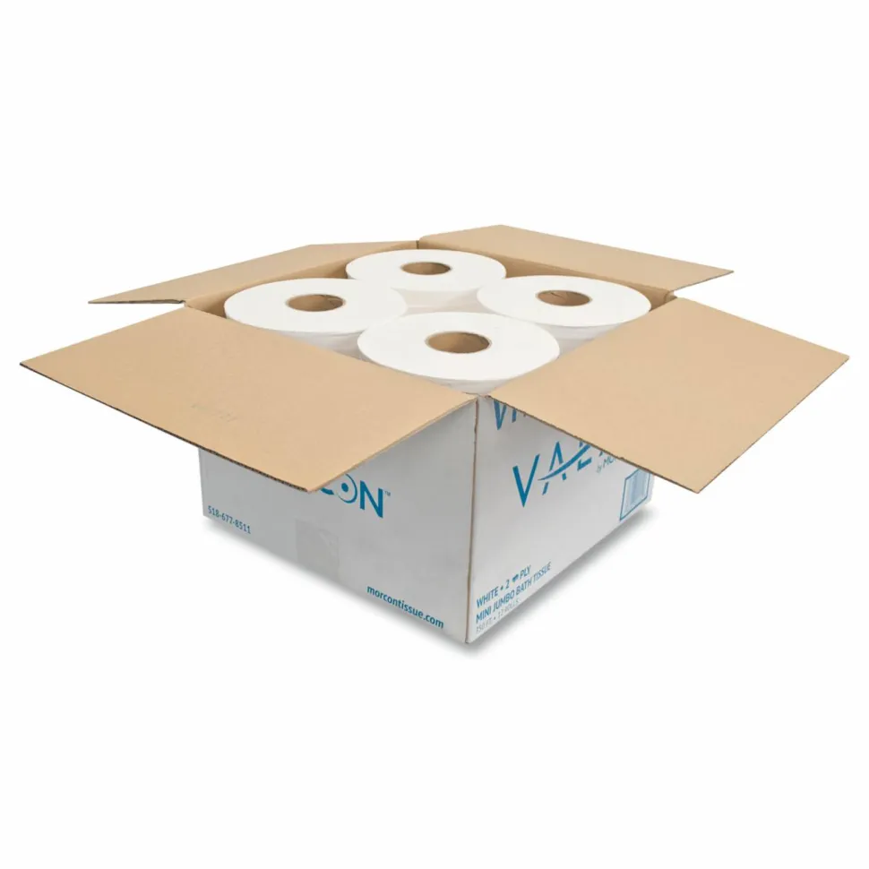 Morcon Tissue Valay Mini Jumbo Bath Tissue, Septic Safe, 2-Ply, 3.25" x 750 ft, White, 12 Rolls/Carton
