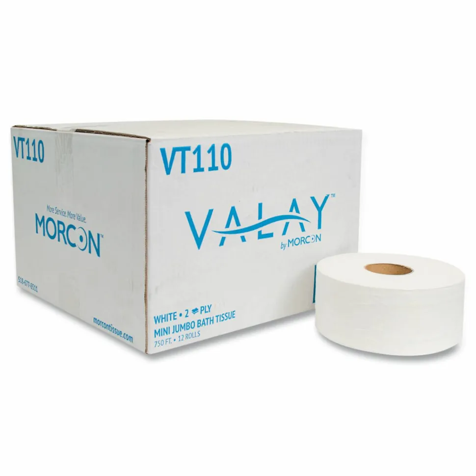 Morcon Tissue Valay Mini Jumbo Bath Tissue, Septic Safe, 2-Ply, 3.25" x 750 ft, White, 12 Rolls/Carton
