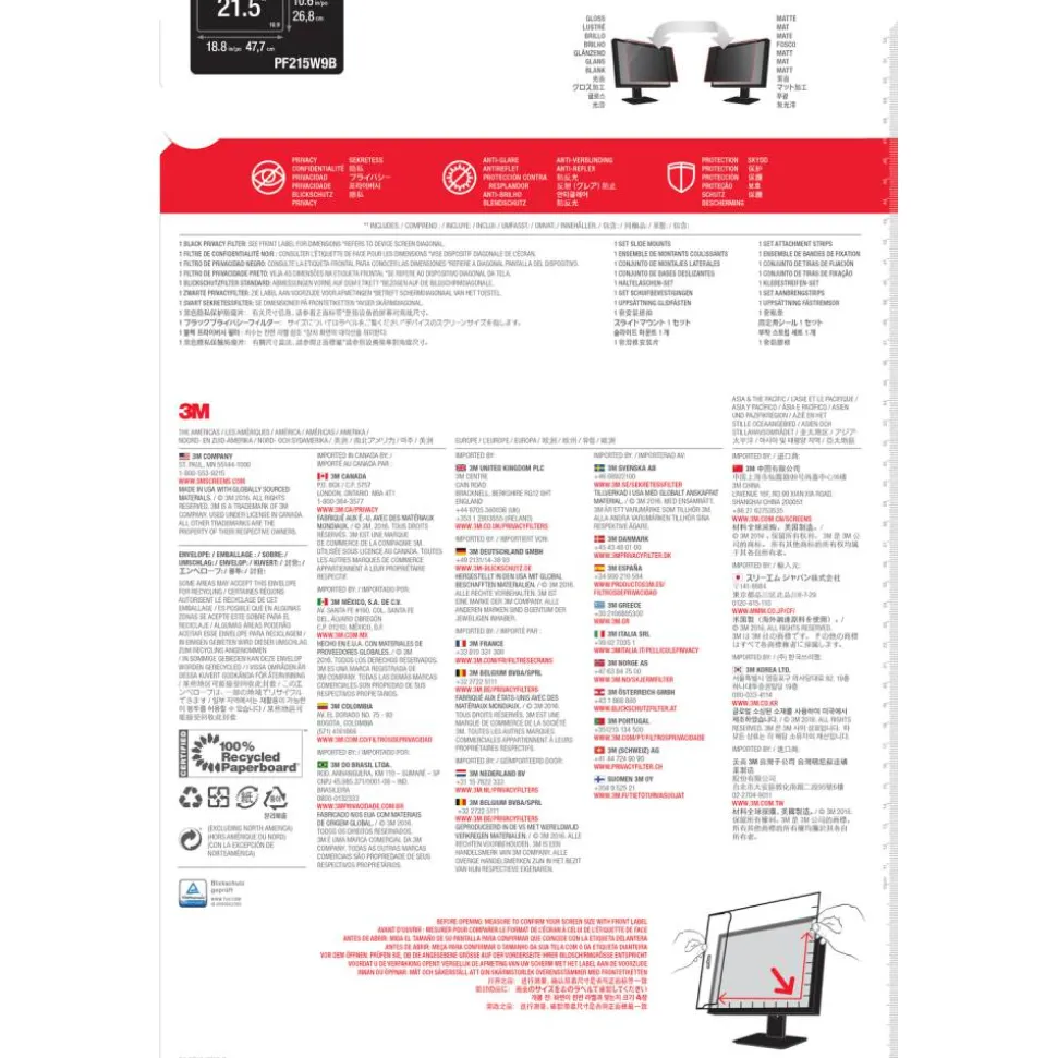 3M Privacy Filter Screen for 21.5" Widescreen Monitors, 16:9 Aspect Ratio, Reduces Blue Light, Anti-Glare