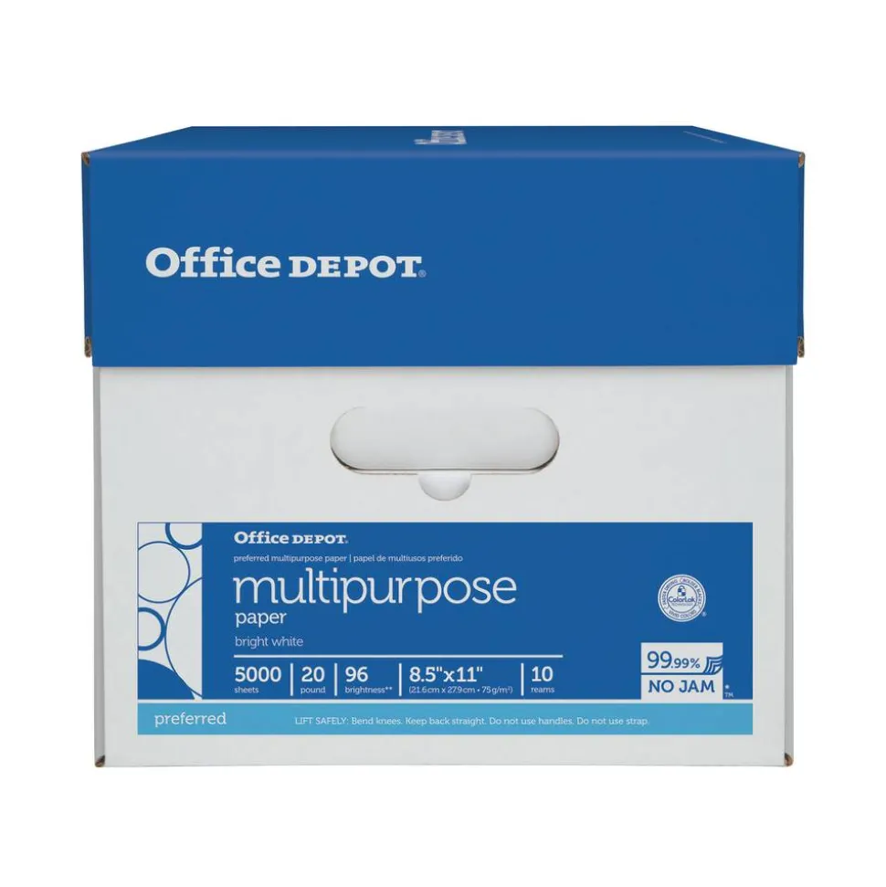 Multi-Use Printer & Copy Paper, White, Letter (8.5" x 11"), 5000 Sheets Per Case, 20 Lb, 96 Brightness