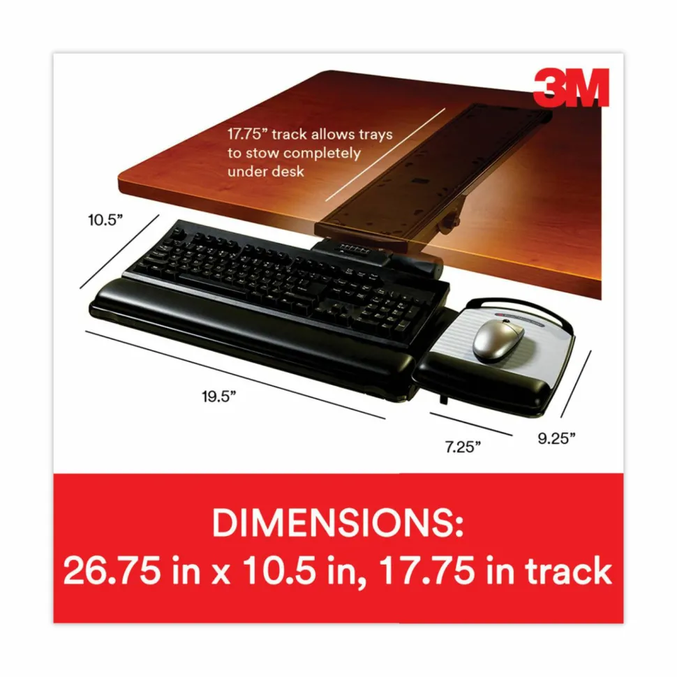 3M Underdesk Knob-Adjustable Keyboard Tray, Black, T32809