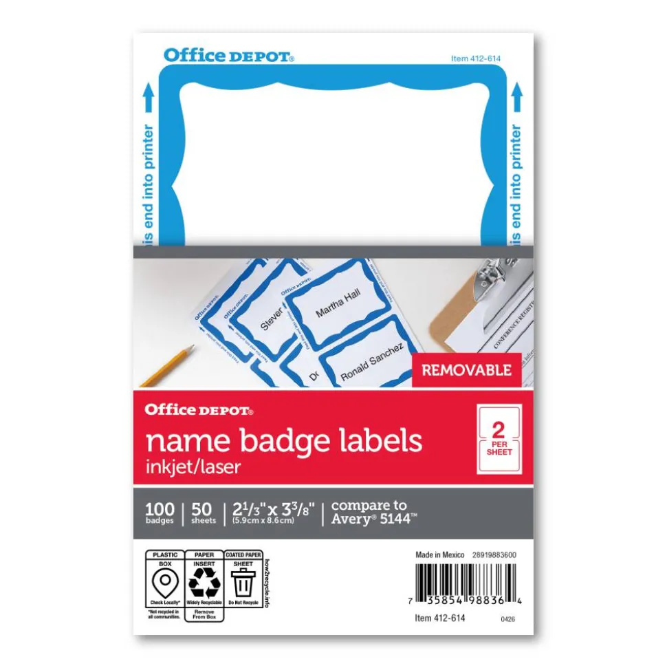 Name Badge Labels, 2 11/32" x 3 3/8", Blue, Pack Of 100