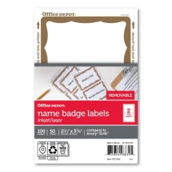 Name Badge Labels, 2 11/32" x 3 3/8", Gold Border, Pack Of 100