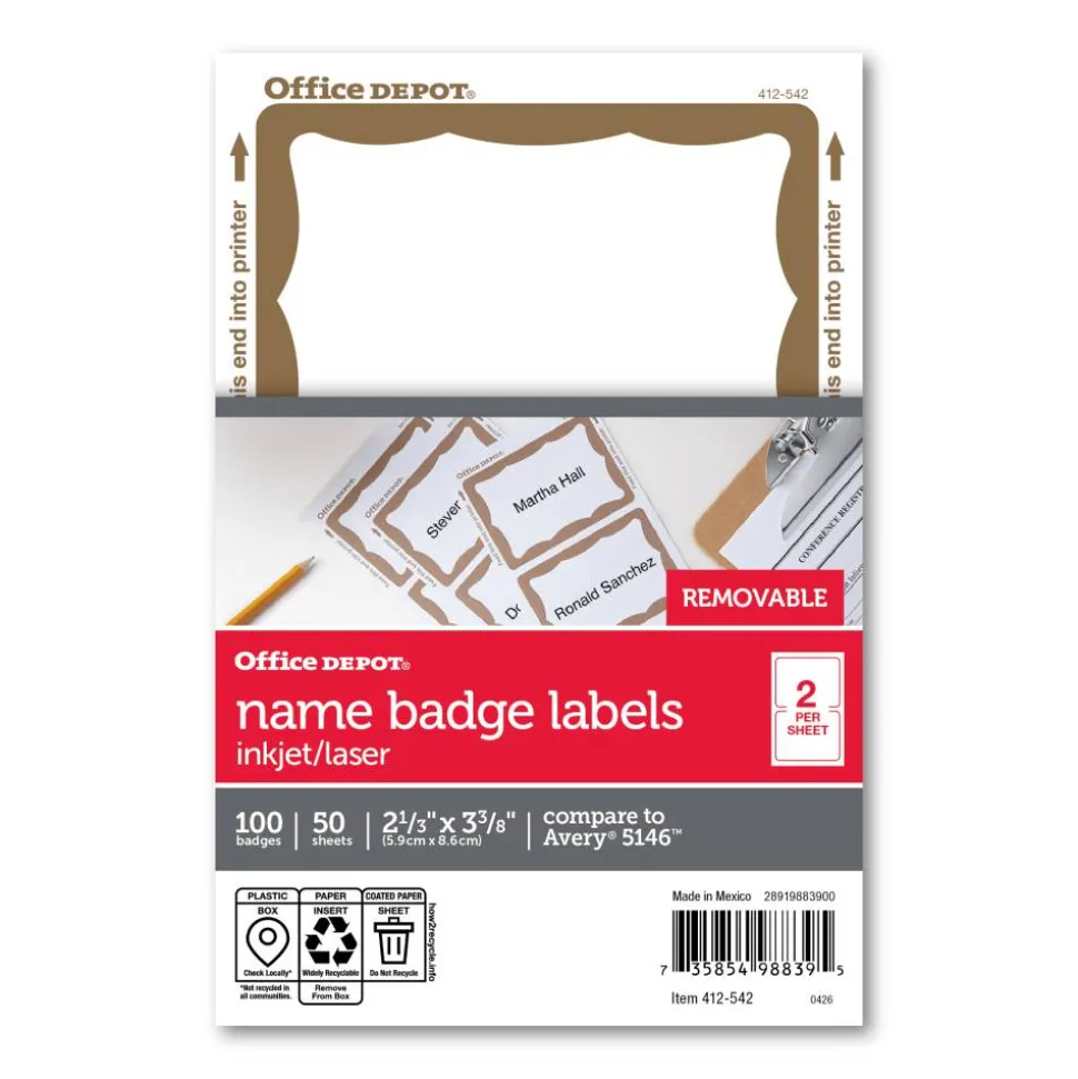 Name Badge Labels, 2 11/32" x 3 3/8", Gold Border, Pack Of 100