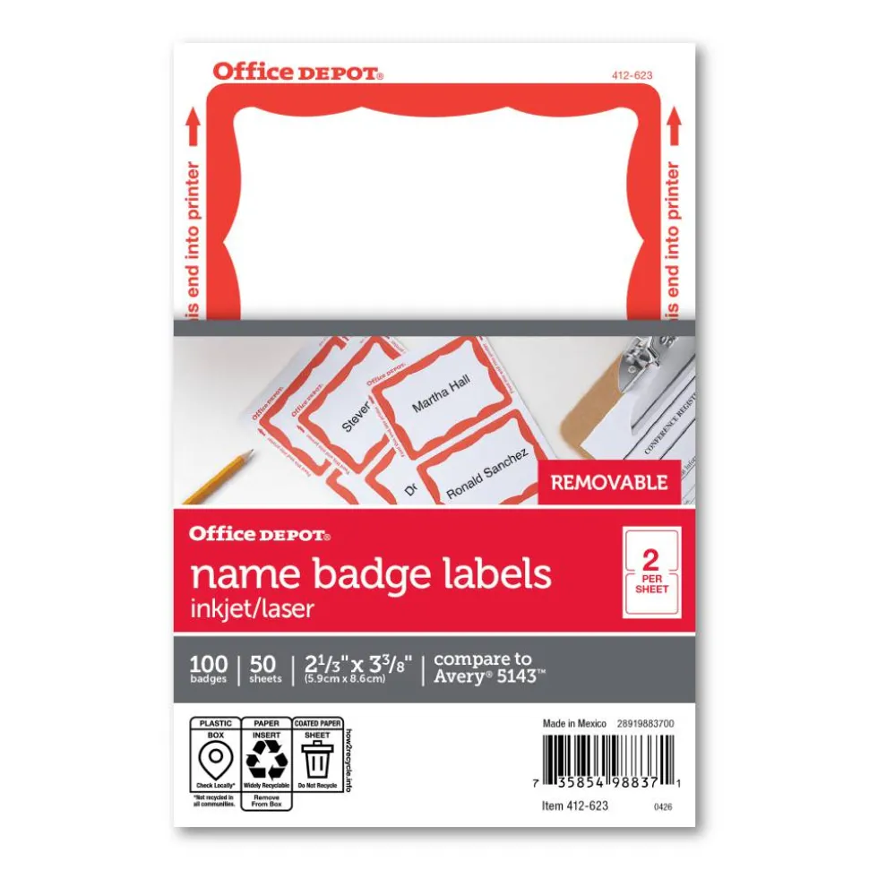 Name Badge Labels, 2 11/32" x 3 3/8", Red Border, Pack Of 100