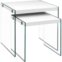 Nesting Table, Set Of 2, Side, End, Accent, Living Room, Bedroom, Glossy White Laminate, Clear Tempered Glass, Contemporary, Modern