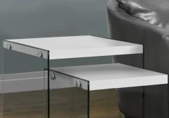 Nesting Table, Set Of 2, Side, End, Accent, Living Room, Bedroom, Glossy White Laminate, Clear Tempered Glass, Contemporary, Modern
