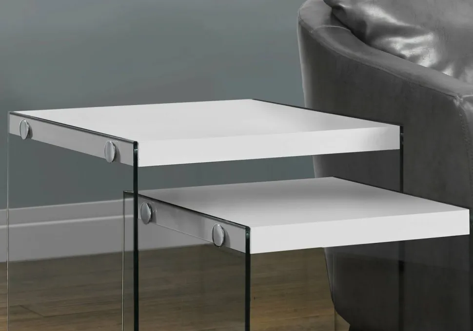Nesting Table, Set Of 2, Side, End, Accent, Living Room, Bedroom, Glossy White Laminate, Clear Tempered Glass, Contemporary, Modern