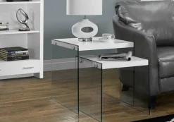 Nesting Table, Set Of 2, Side, End, Accent, Living Room, Bedroom, Glossy White Laminate, Clear Tempered Glass, Contemporary, Modern
