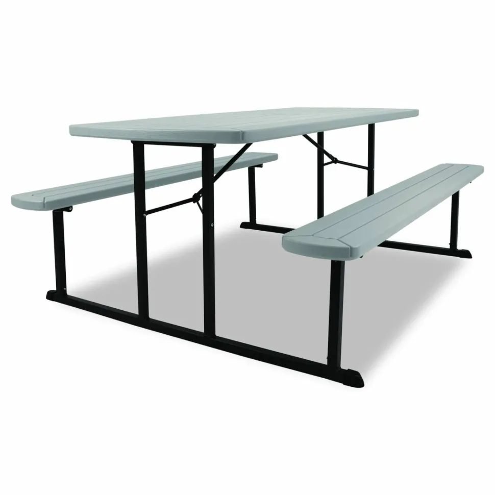 NPS Blow Molded Folding Picnic Table, Rectangular, 57w x 72d x 29.5h, Speckled Gray Top, Black Base/Legs