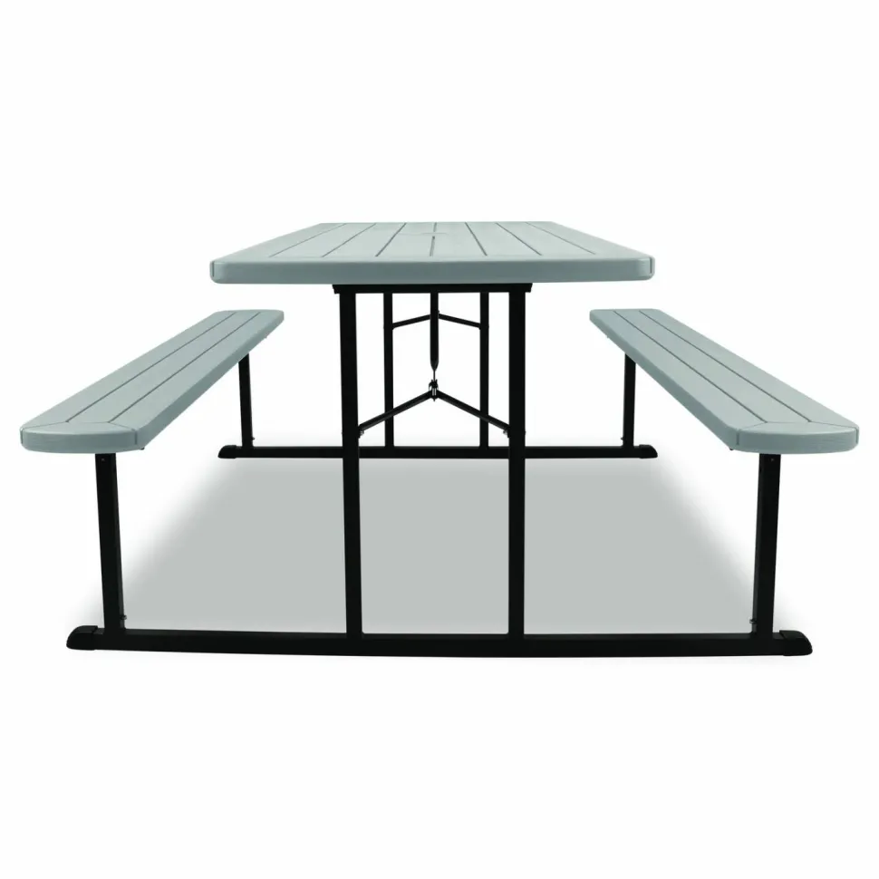NPS Blow Molded Folding Picnic Table, Rectangular, 57w x 72d x 29.5h, Speckled Gray Top, Black Base/Legs