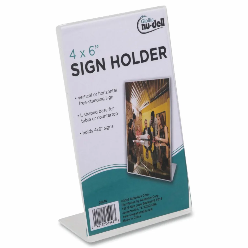 NuDell Clear Plastic Slanted L-Shaped Countertop Sign Holder, Side-Load, Horizontal/Vertical Orientation, 4 x 6 Insert