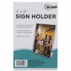NuDell Clear Plastic Slanted L-Shaped Countertop Sign Holder, Side-Load, Horizontal/Vertical Orientation, 4 x 6 Insert
