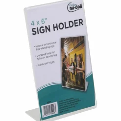 NuDell Clear Plastic Slanted L-Shaped Countertop Sign Holder, Side-Load, Horizontal/Vertical Orientation, 4 x 6 Insert