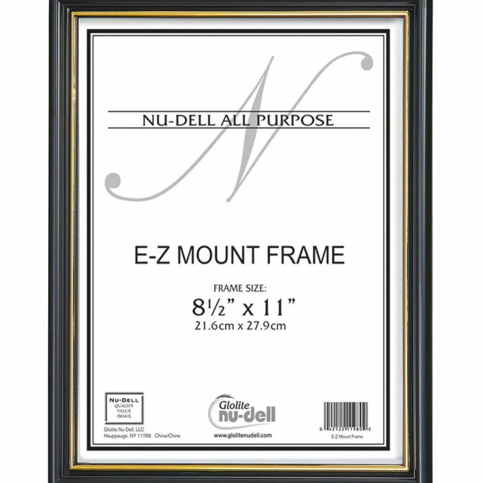 NuDell EZ Mount Document Frame with Trim Accent and Plastic Face, Plastic, 8.5 x 11 Insert, Black/Gold