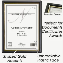 NuDell EZ Mount Document Frame with Trim Accent and Plastic Face, Plastic, 8.5 x 11 Insert, Black/Gold