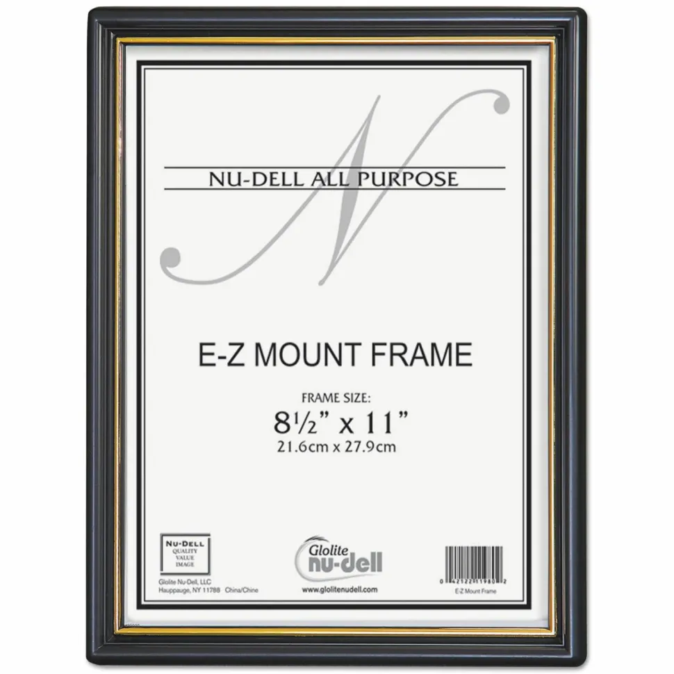 NuDell EZ Mount Document Frame with Trim Accent and Plastic Face, Plastic, 8.5 x 11 Insert, Black/Gold