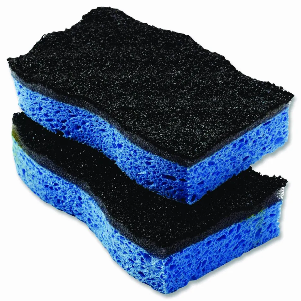 O-Cedar Scrunge Heavy-Duty Sponge, 2.63 x 4.25, 1" Thick, Black/Blue, 2/Pack