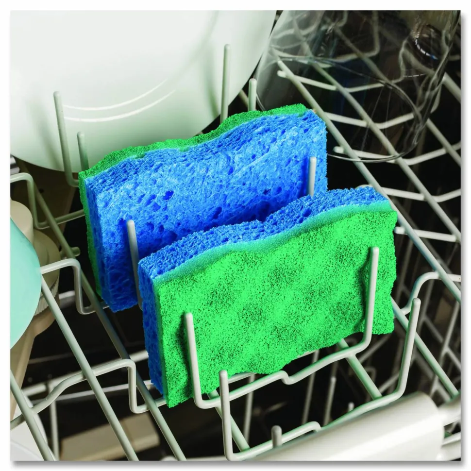 O-Cedar Scrunge Non-Scratch Scrub Sponge, 2.63 x 4.25, 1" Thick, Green/Blue, 2/Pack
