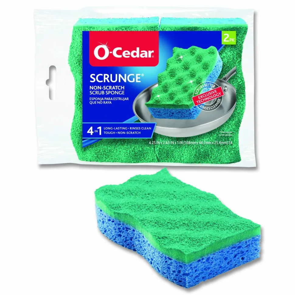 O-Cedar Scrunge Non-Scratch Scrub Sponge, 2.63 x 4.25, 1" Thick, Green/Blue, 2/Pack