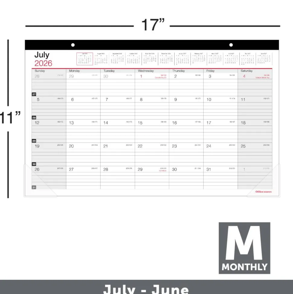 2026-2027 Office Depot Brand Monthly Academic Desk Calendar, 17-3/4" x 10-7/8", 30% Recycled, July 2026 To June 2027, 2026 to 2027 Calendar