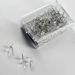 Officemate 92707 Plastic Precision Push Pins, 3/8" Hardened Steel Point, Clear, 100/Display Box