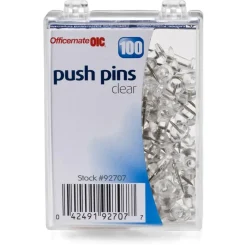 Officemate 92707 Plastic Precision Push Pins, 3/8" Hardened Steel Point, Clear, 100/Display Box
