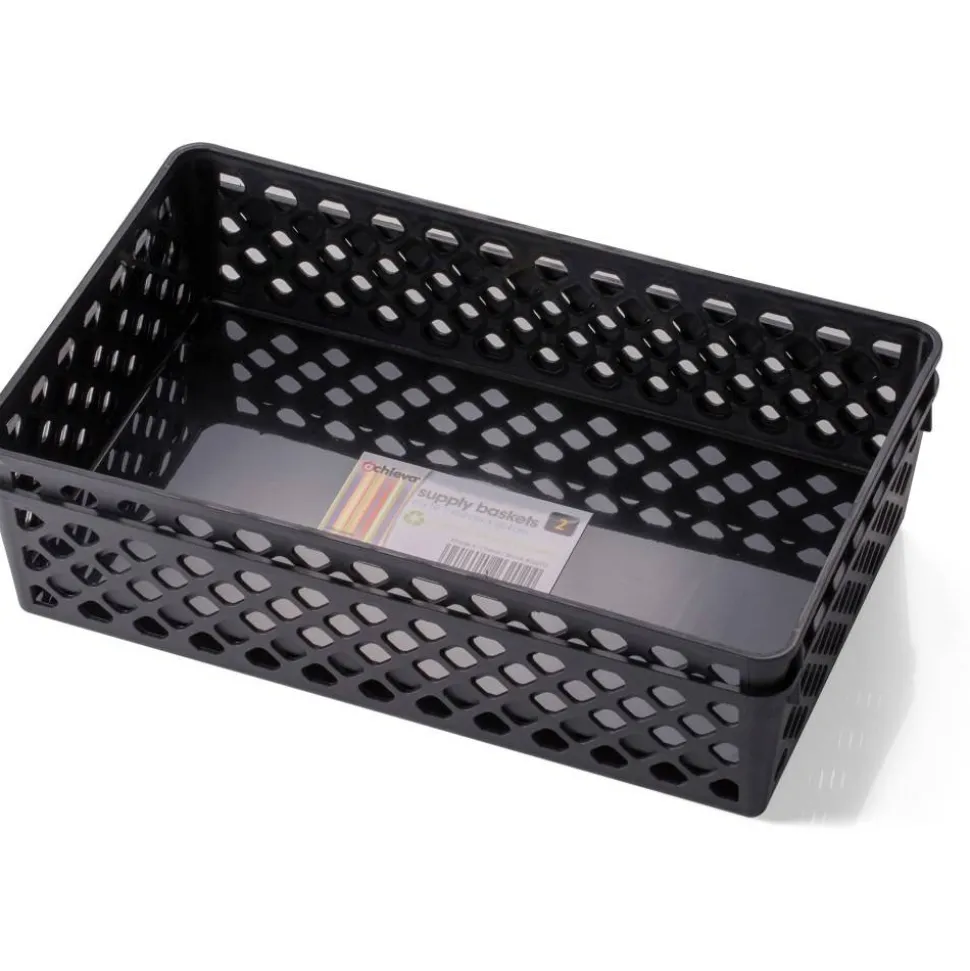 OIC Plastic Supply Baskets, Small Size, 2 3/8" x 10 1/6" x 6 1/8", 30% Recycled, Black, Pack Of 2
