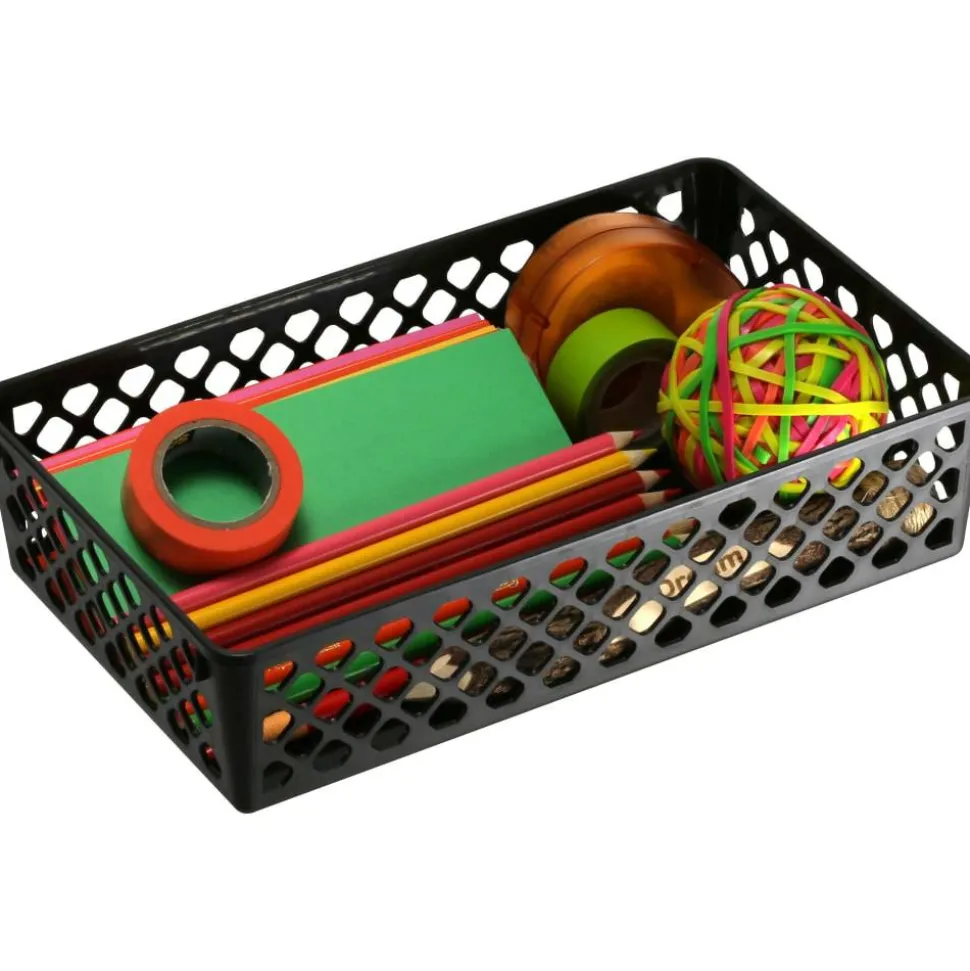 OIC Plastic Supply Baskets, Small Size, 2 3/8" x 10 1/6" x 6 1/8", 30% Recycled, Black, Pack Of 2