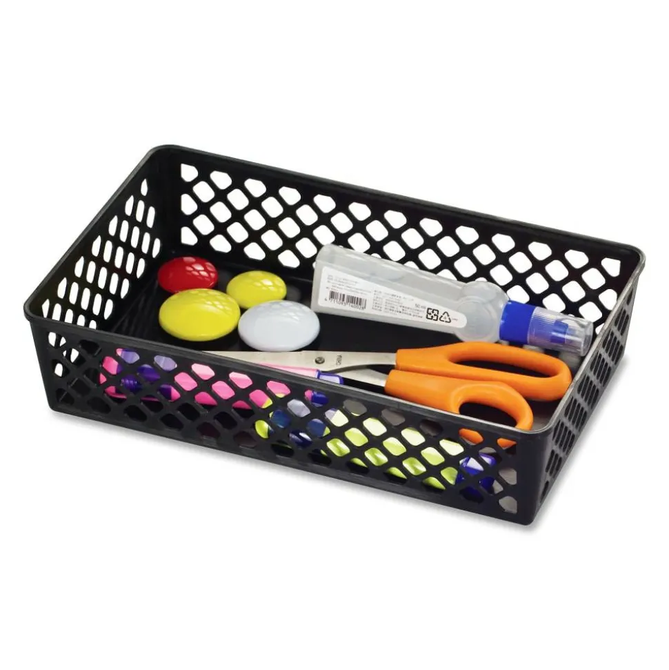 OIC Plastic Supply Baskets, Small Size, 2 3/8" x 10 1/6" x 6 1/8", 30% Recycled, Black, Pack Of 2