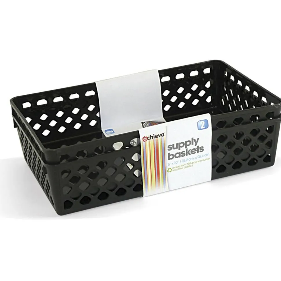 OIC Plastic Supply Baskets, Small Size, 2 3/8" x 10 1/6" x 6 1/8", 30% Recycled, Black, Pack Of 2