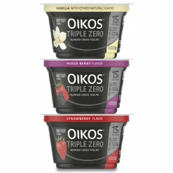 OIKOS Triple Zero Blended Greek Nonfat Yogurt, 5.3 oz, Strawberry/Mixed Berry/Vanilla, 18/Carton
