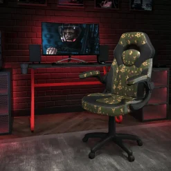 Optis Red Gaming Desk and Camouflage/Black Racing Chair Set with Cup Holder and Headphone Hook