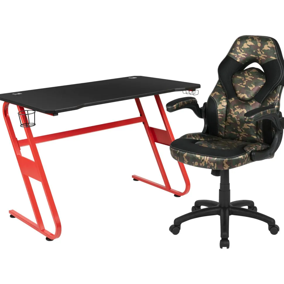 Optis Red Gaming Desk and Camouflage/Black Racing Chair Set with Cup Holder and Headphone Hook