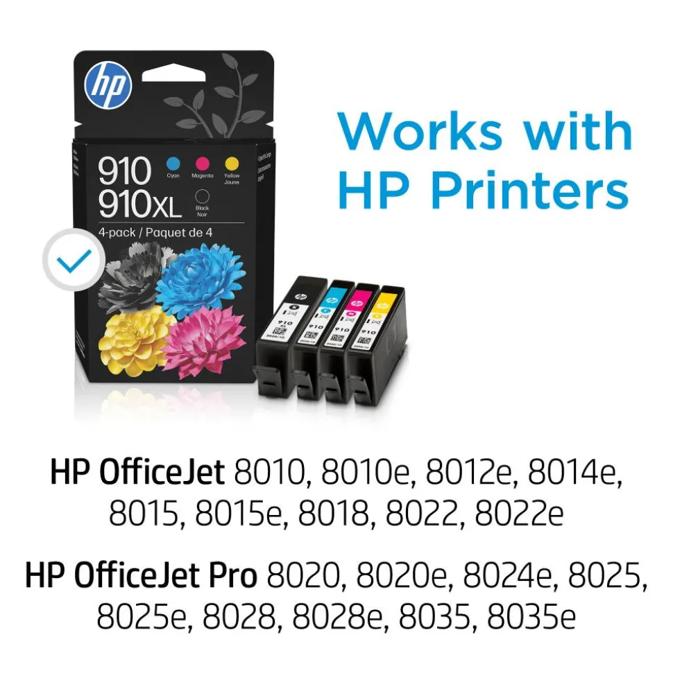 Original HP 910 Cyan Magenta Yellow/910XL Black Ink Cartridges 4-pack|HP OfficeJet 8010/8020/HP OfficeJet Pro 8020/8030 Series|Instant Ink Eligible