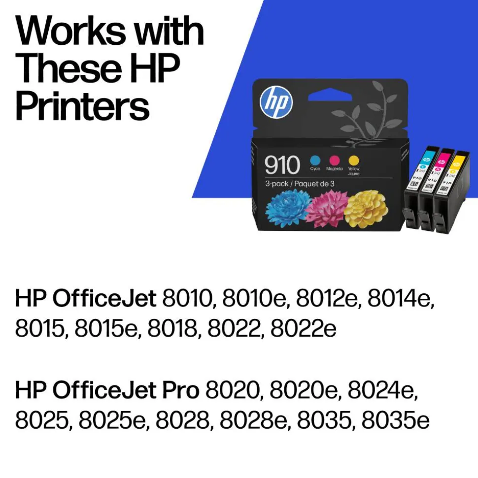 Original HP 910 Cyan, Magenta, Yellow Ink Cartridges 3-pack|For HP OfficeJet 8010/8020 Series, HP OfficeJet Pro 8020/8030 Series|Instant Ink Eligible