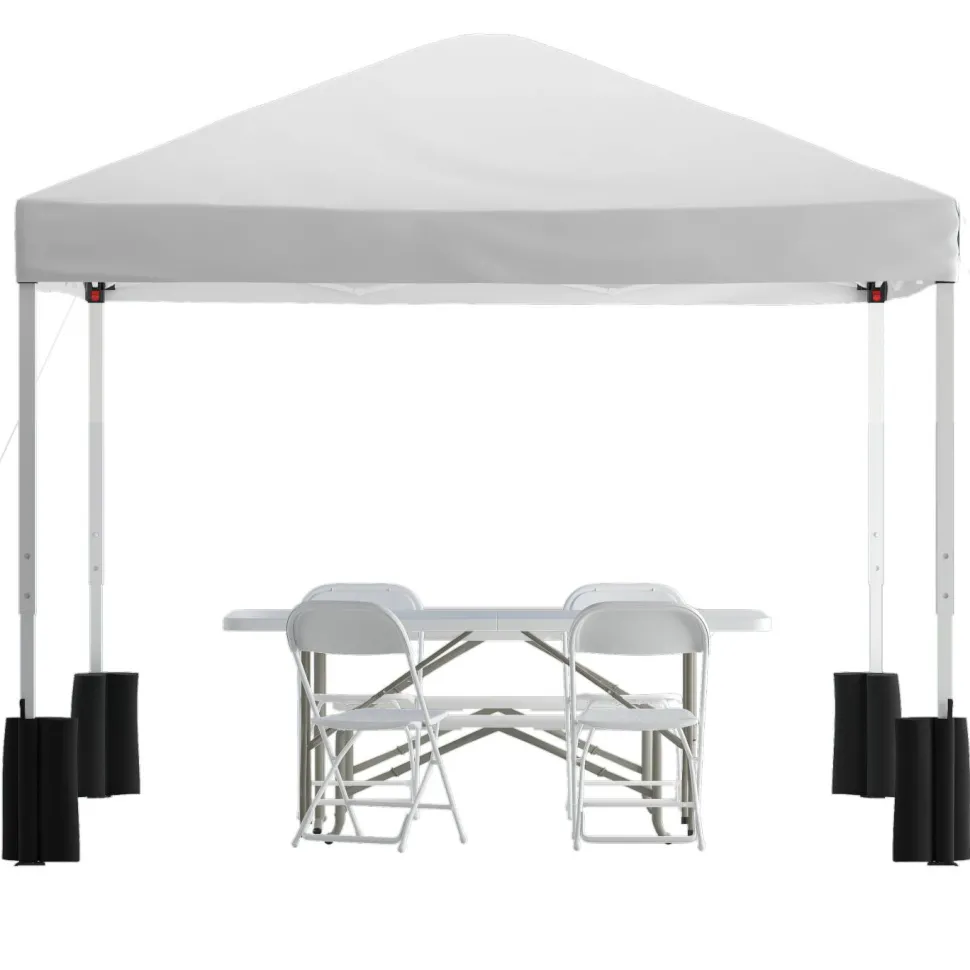 Otis Portable Tailgate/Event Tent Set-10'x10' Wheeled White Pop Up Canopy Tent, 6-Foot Bi-Fold Table, 4 White Folding Chairs