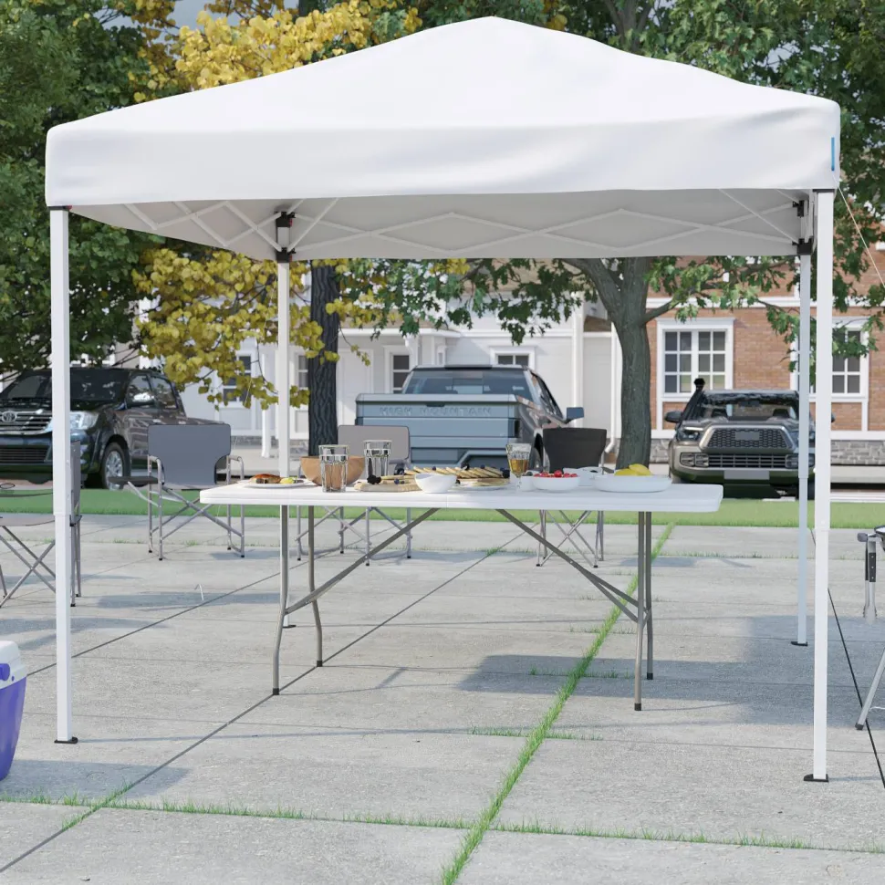 Otis 8'x8' White Pop Up Event Canopy Tent with Carry Bag and 6-Foot Bi-Fold Folding Table with Carrying Handle - Tailgate Tent Set