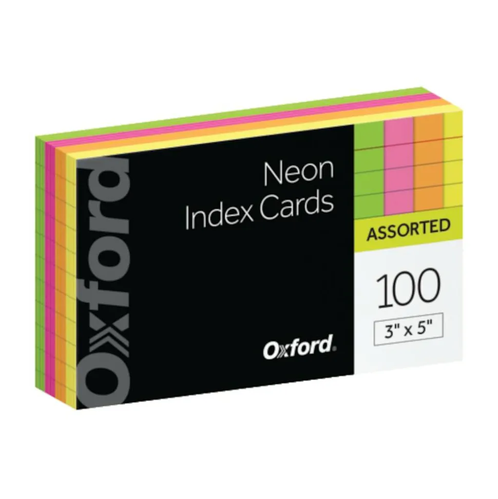 Oxford Neon Index Cards, 3" x 5", Ruled, Assorted Colors, 100 Per Pack