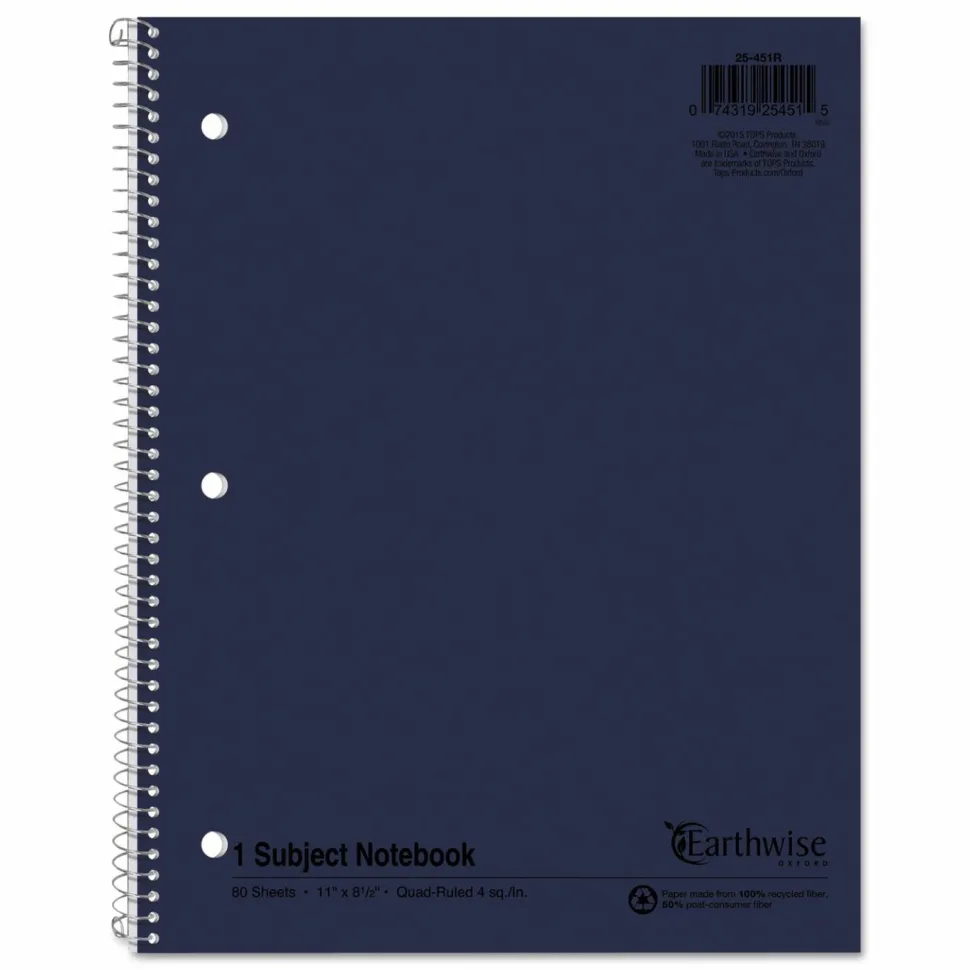 Oxford Earthwise by Oxford Recycled 1-Subject Notebook, Quad Rule (4 sq/in), Randomly Assorted Cover Color, (80) 11 x 8.5 Sheets