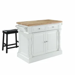 Oxford Kitchen Island W/Upholstered Saddle Stools