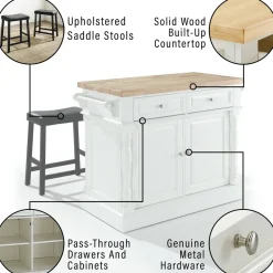 Oxford Kitchen Island W/Upholstered Saddle Stools