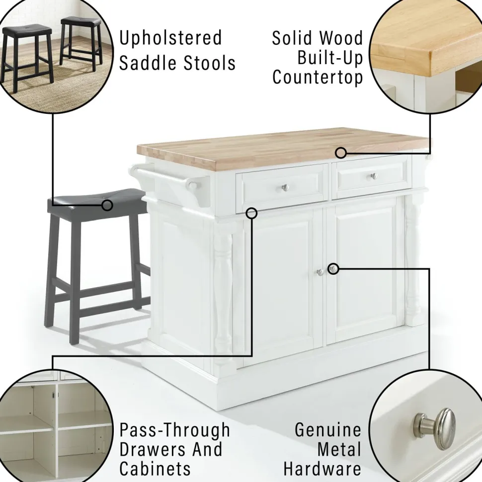 Oxford Kitchen Island W/Upholstered Saddle Stools