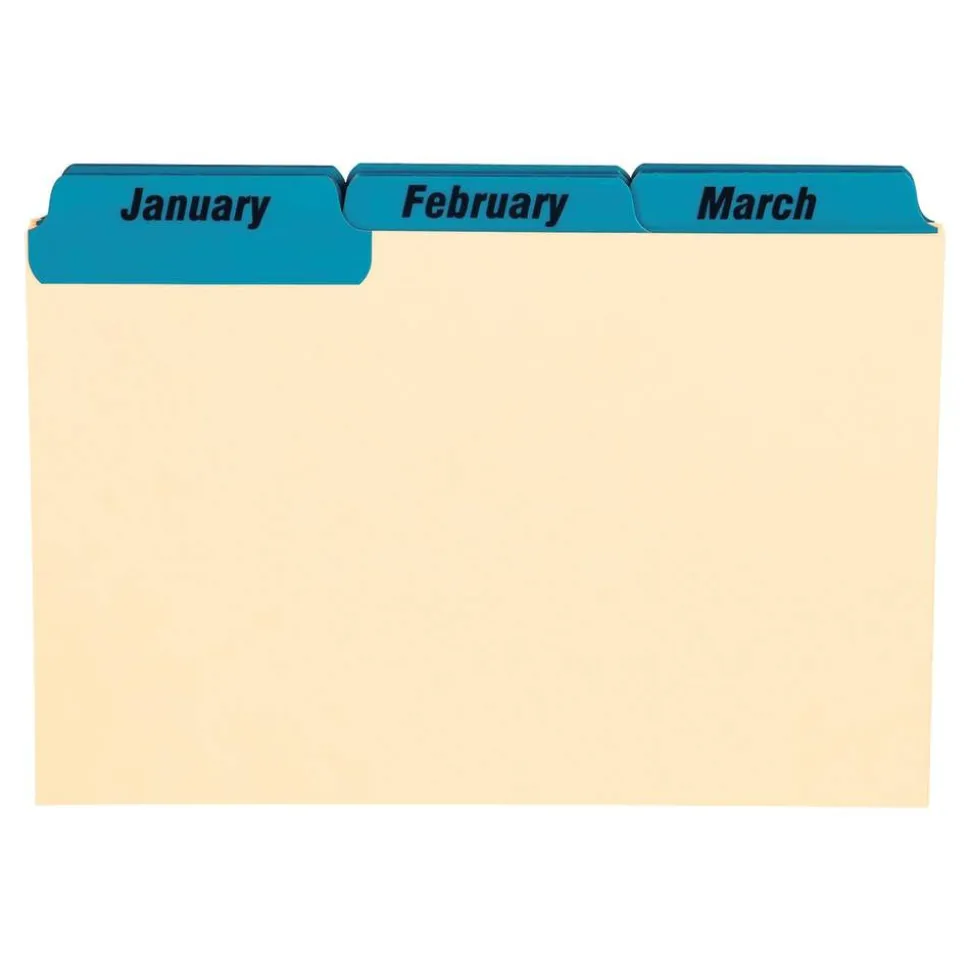 Oxford Manila Card Guides With Laminate Tabs, Monthly, 4" x 6", Manila; Blue Tabs