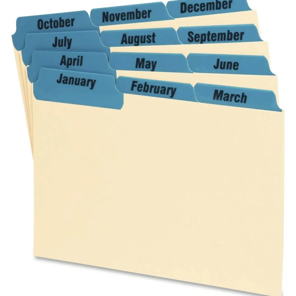 Oxford Manila Card Guides With Laminate Tabs, Monthly, 4" x 6", Manila; Blue Tabs