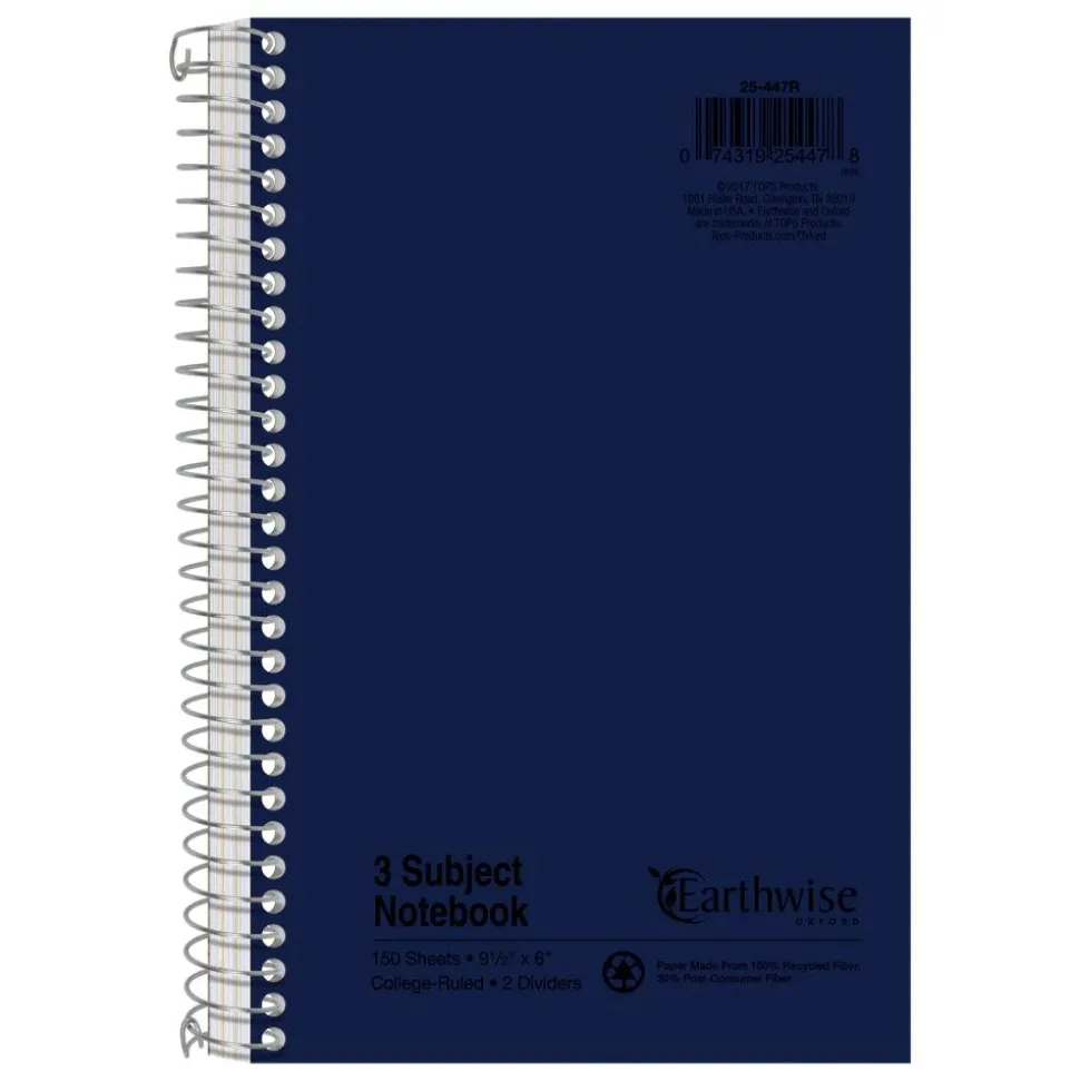 Oxford 3-Subject Wirebound Notebook, 6" x 9 1/2", 150 Sheets, 30% Recycled, Assorted Colors