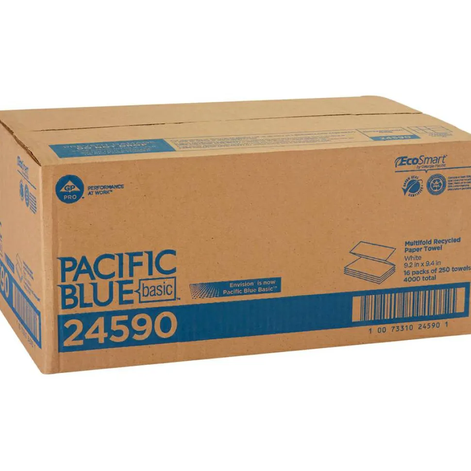 Pacific Blue Basic by GP PRO, 1-Ply, Multifold Paper Towels, 9.2" X 9.4", 100% Recycled, White, 250 Sheets per Pack, 16 Packs Per Case