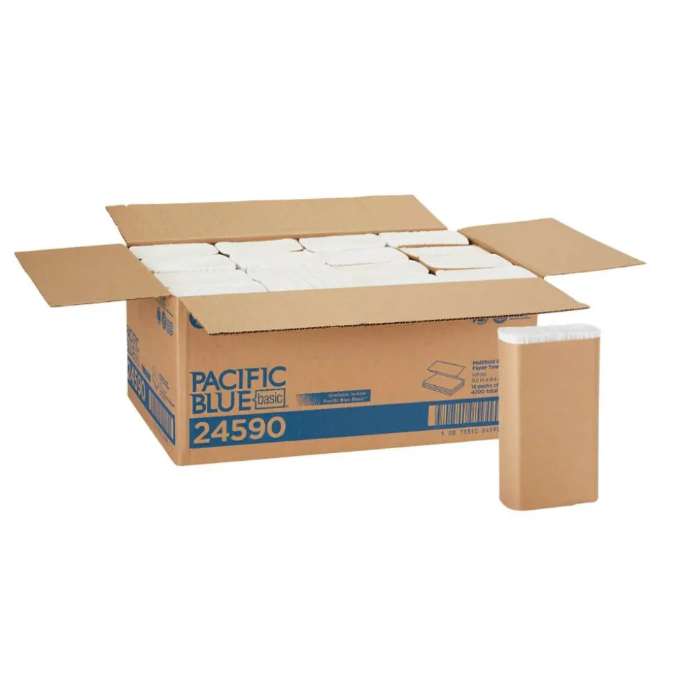 Pacific Blue Basic by GP PRO, 1-Ply, Multifold Paper Towels, 9.2" X 9.4", 100% Recycled, White, 250 Sheets per Pack, 16 Packs Per Case
